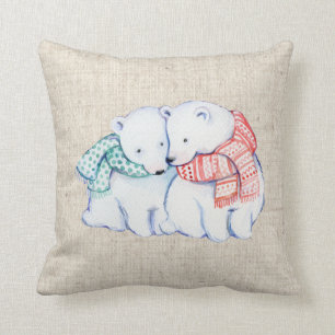 christmas polar bears linen look pillow cushion