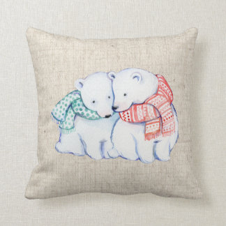 christmas polar bears linen look pillow cushion