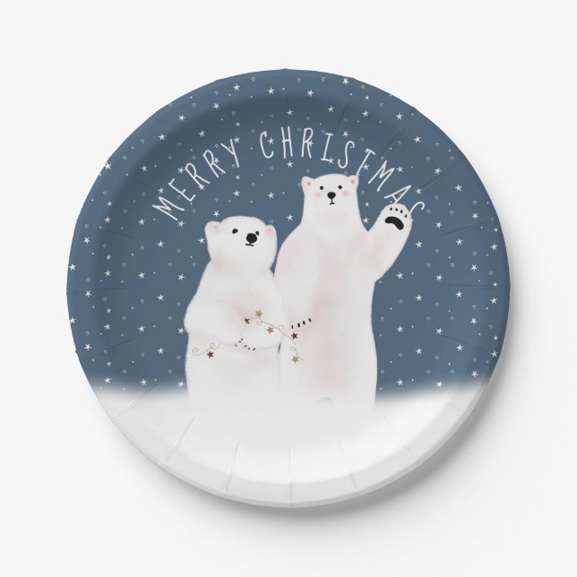 Christmas Polar Bears On Stars Paper Plate (Front)