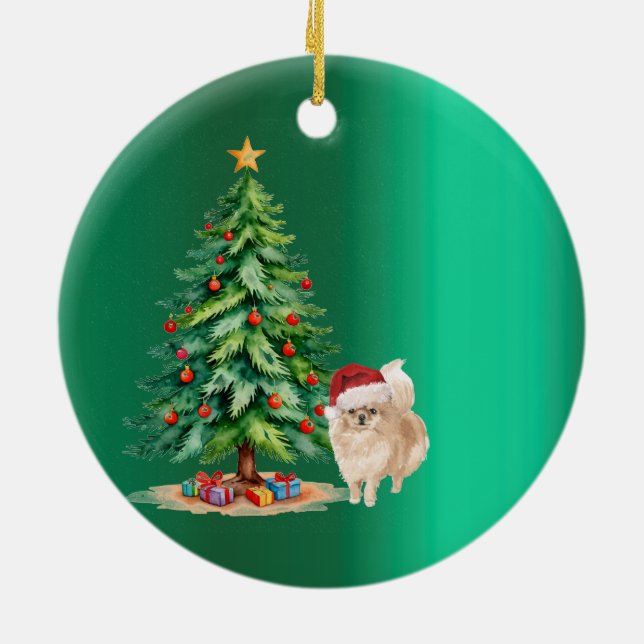 Christmas Pomeranian Dog Green Merry Greeting Ceramic Ornament (Back)