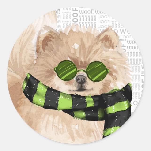 Christmas Pomeranian Dog in Sunglasses Holiday Classic Round Sticker (Front)