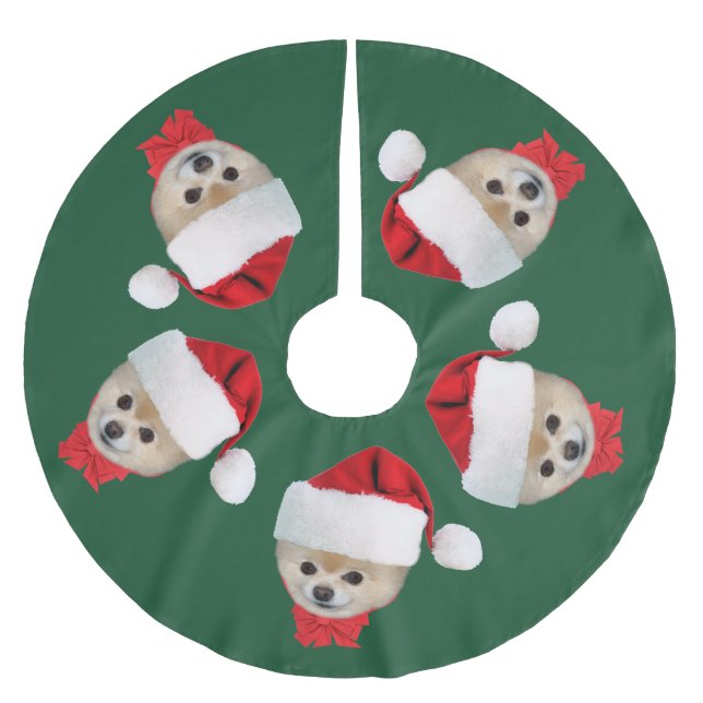 Christmas, Pomeranian Dog, Santa Hat Brushed Polyester Tree Skirt (Front)