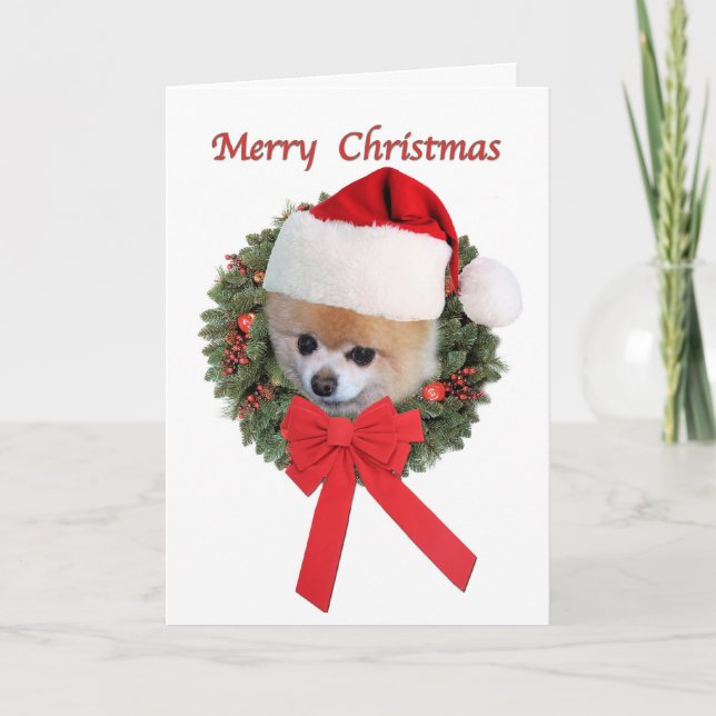 Christmas, Pomeranian Dog, Santa Hat Holiday Card (Front)