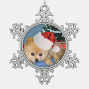 Christmas, Pomeranian Dog, Santa Hat Snowflake Pewter Christmas Ornament