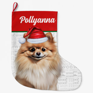 Christmas Pomeranian Dog with Name Woof Large Christmas Stocking