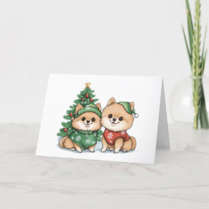 Christmas Pomeranian Dogs Holiday Card