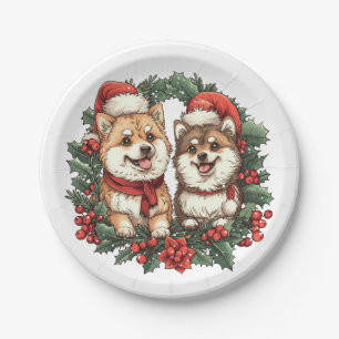 Christmas Pomeranian Dogs Mistletoe Wreath Paper Plate