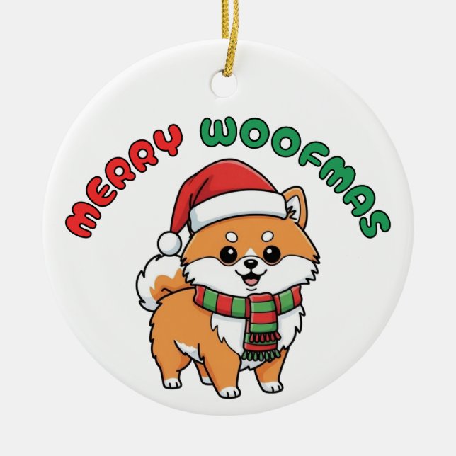 Christmas Pomeranian Ornament: Merry Woofmas Ceramic Ornament (Front)
