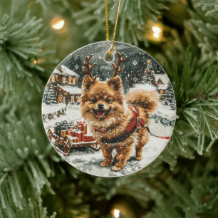 Christmas Pomeranian Reindeer Dog Ceramic Ornament