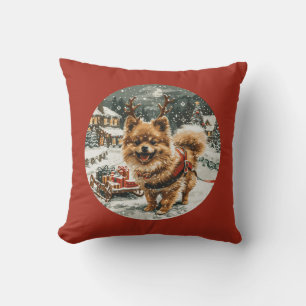 Christmas Pomeranian Reindeer Dog Throw Pillow