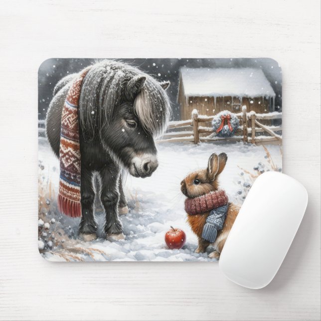 Christmas Pony and Bunny On a Winter Farm Mouse Pad (With Mouse)