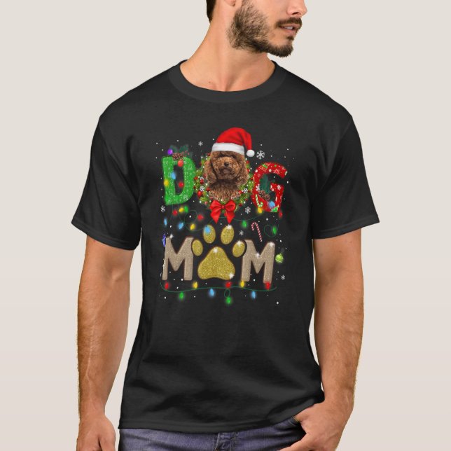 Christmas Poodle Mom Hat Santa Scarf Plaid Dog Mom T-Shirt (Front)