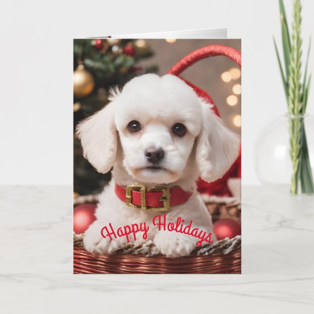 Christmas Poodle puppy in a basket" Holiday Card (Front)