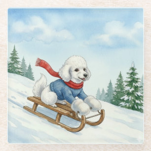 Christmas Poodle Sledding, Glass Coaster