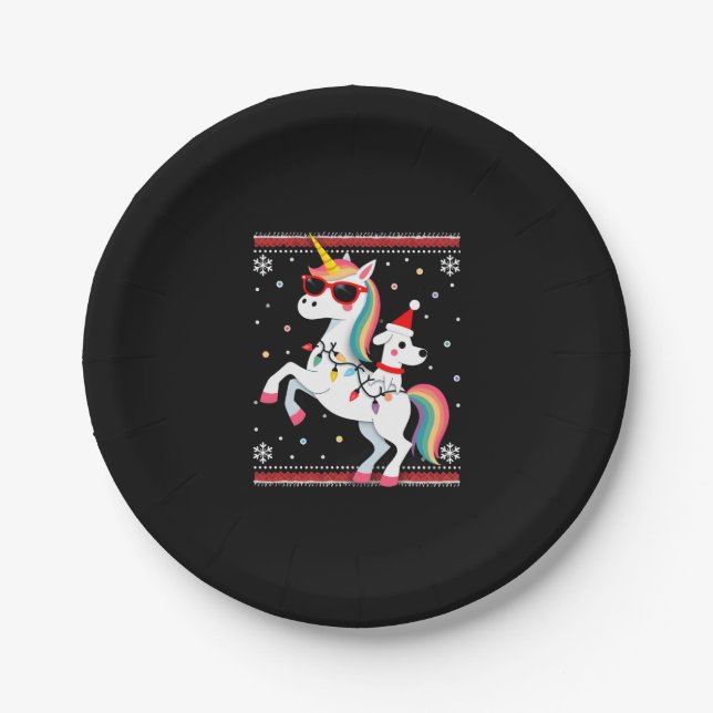 Christmas Poodle Unicorn Sunglasses Poodles T-Shir Paper Plate (Front)