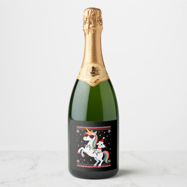 Christmas Poodle Unicorn Sunglasses Poodles T-Shir Sparkling Wine Label (Front)