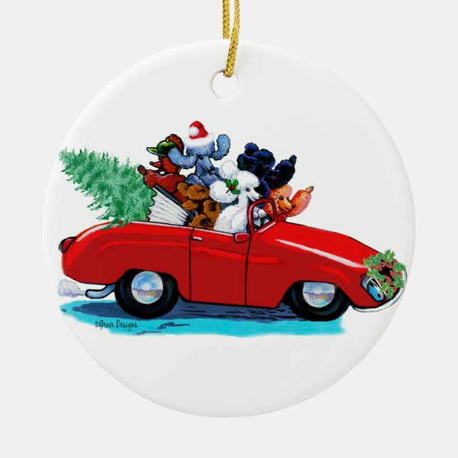 Christmas Poodle Vintage Red Car Ceramic Ornament (Front)
