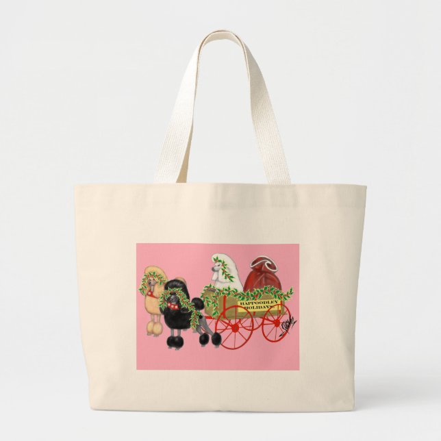 Christmas Poodle Wagon Large Tote Bag (Front)