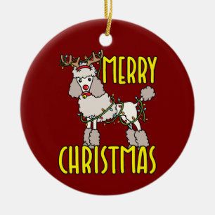 Christmas Poodle with Reindeer Antlers Ceramic Ornament
