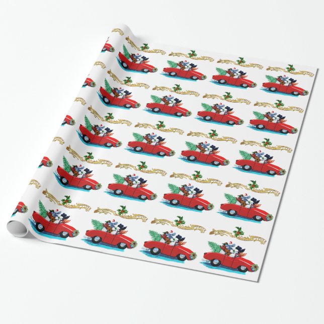 Christmas Poodles Vintage Car Wrapping Paper (Unrolled)