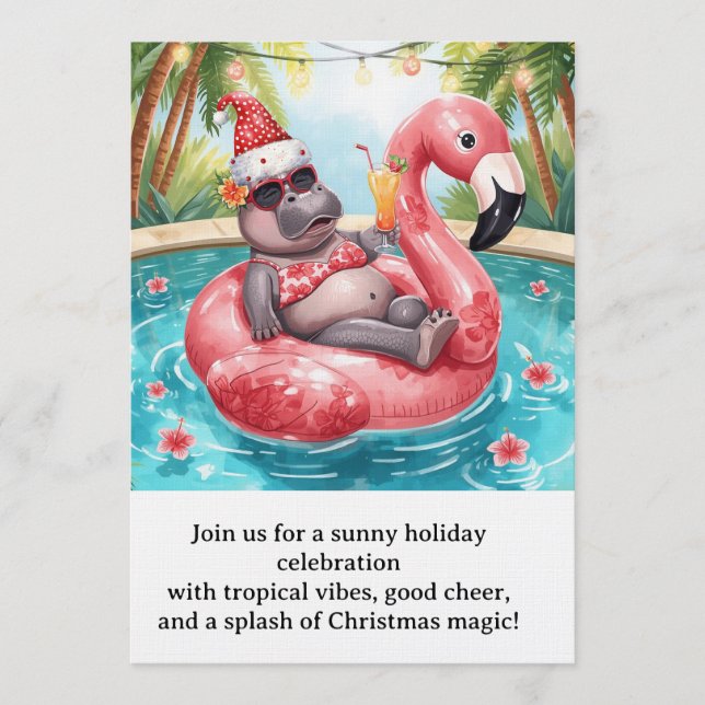 Christmas Pool Party  Cute Hippo on Flamingo Float Invitation (Front)