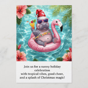 Christmas Pool Party  Cute Hippo on Flamingo Float Invitation