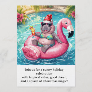 Christmas Pool Party Cute Hippo on Flamingo Float Invitation