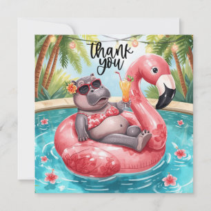 Christmas Pool Party  Cute Hippo on Flamingo Float Thank You Card