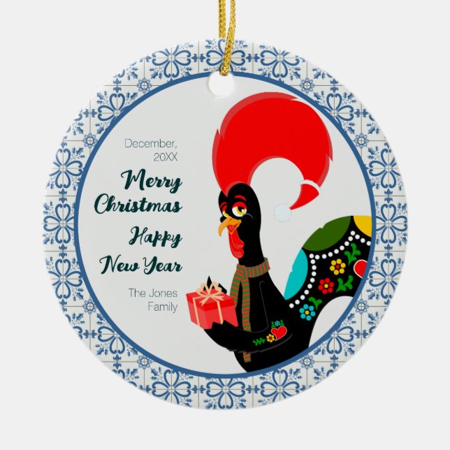 Christmas Portuguese Rooster and blue tiles frame Ceramic Ornament (Front)