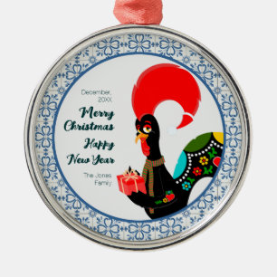 Christmas Portuguese Rooster and blue tiles frame Metal Ornament