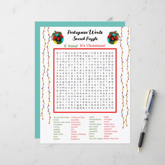 Christmas Portuguese  Word Search Puzzle for Kids (Front/Back In Situ)