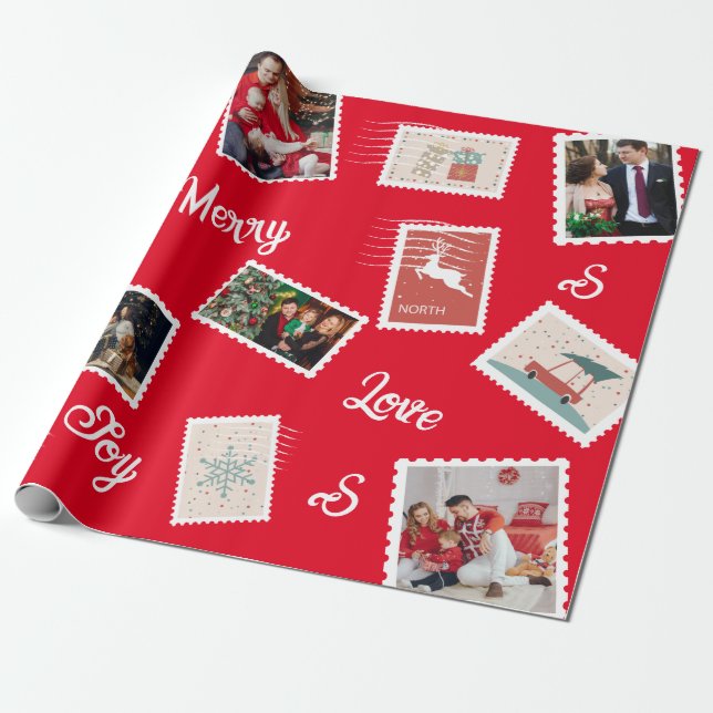 Christmas Post Stamp Custom Name And Photos Wrapping Paper (Unrolled)