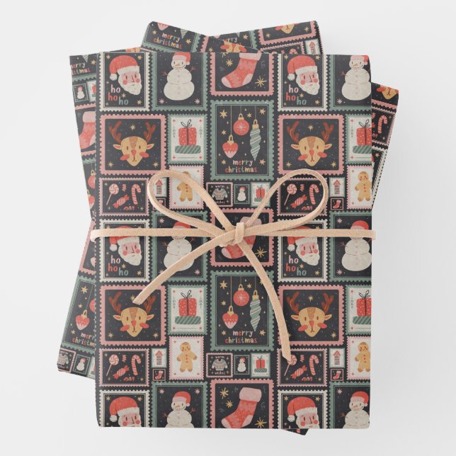 Christmas Postage Stamp Cute Wrapping Paper (In situ)
