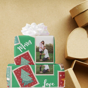 Christmas Postage Stamp Funny Personalized Green Wrapping Paper