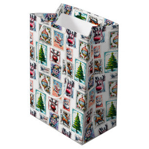 Christmas Postage Stamps Trees Santa Reindeer Elf Medium Gift Bag