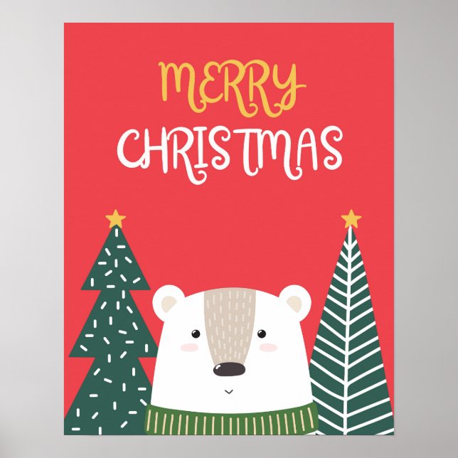 Christmas Poster, Cute Xmas Wall Art, Polar Bear Poster (Front)