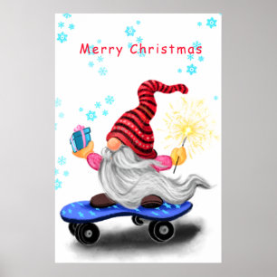 Christmas Poster Gift Skater Gnome with Gifts