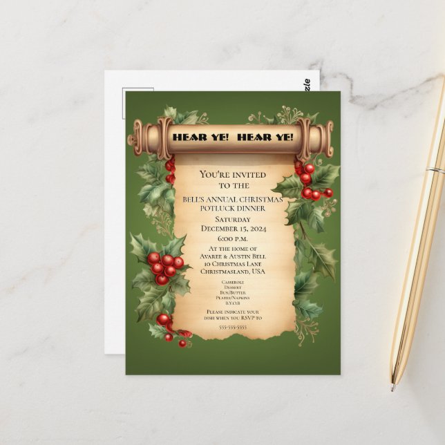Christmas Potluck  Dinner Old World Scroll Invitat Postcard (Front/Back In Situ)