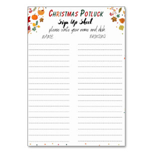 Christmas Potluck Sign Up Sheet, Potluck form Table Number