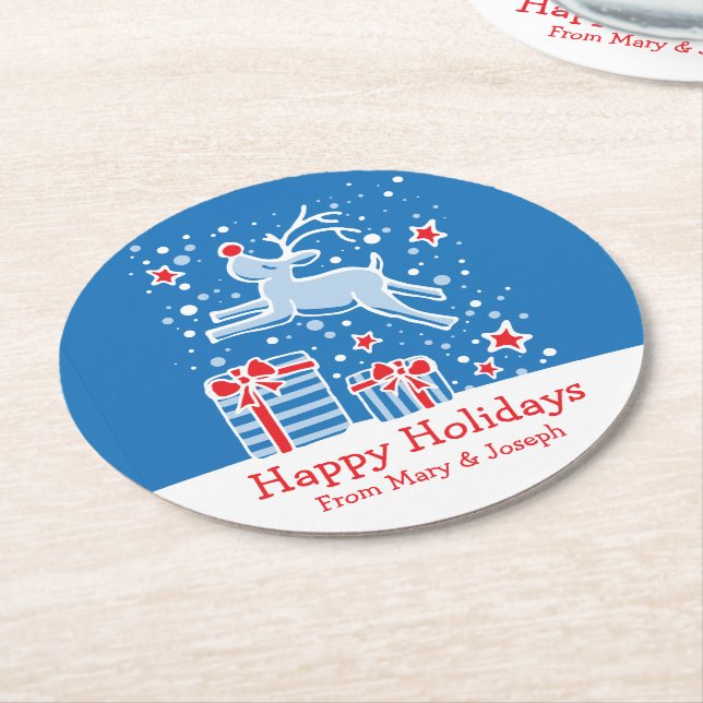 Christmas prancing reindeer art paper coasters (Angled)