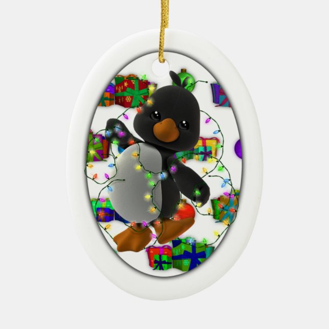 Christmas Present Penguin Ceramic Ornament (Front)