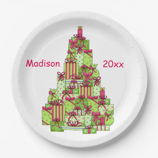 Christmas Presents Tree Name Personalized Paper Plate (Front)