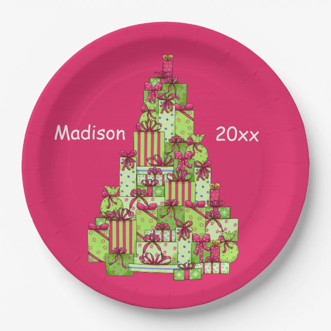 Christmas Presents Tree Name Personalized Paper Plate (Front)