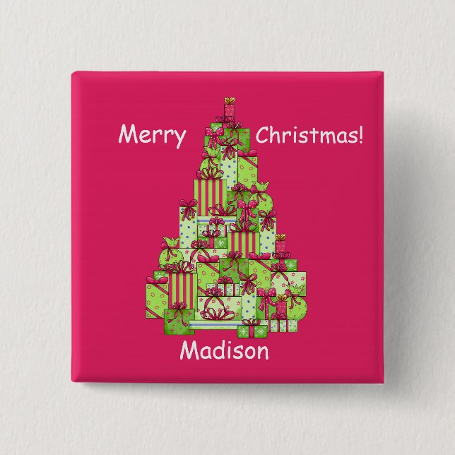 Christmas Presents Tree Red Name Badge 2 Inch Square Button (Front)