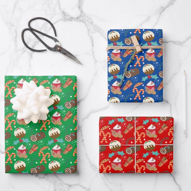 Christmas pudding candy canes Yule log holly Wrapping Paper Sheet (Front)