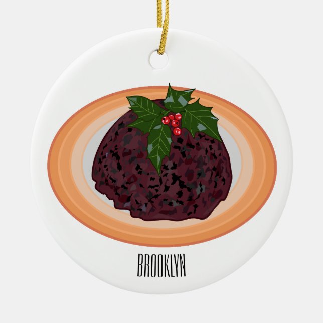Christmas pudding cartoon illustration  ceramic ornament (Front)