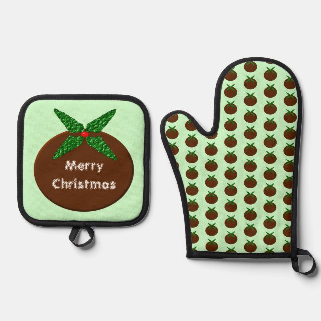 Christmas Pudding Customizable Oven Mitt & Pot Holder Set (Front)