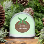 Christmas Pudding Customizable Snowglobe<br><div class="desc">This awesome Christmas snow globe features a tasty looking chocolate brown coloured Christmas pudding with a sprig of holly on top. There is white text on the pudding that resembles frosted icing and reads "Merry Christmas". The text is customizable allowing you to personalize this design with a message.</div>