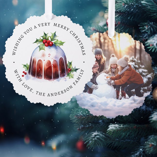 Christmas pudding holly berries watercolor photo ornament card (Christmas pudding holly berries watercolor photo ornament card)