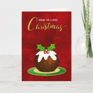 Christmas Pudding Sweet Christmas Red Background Holiday Card
